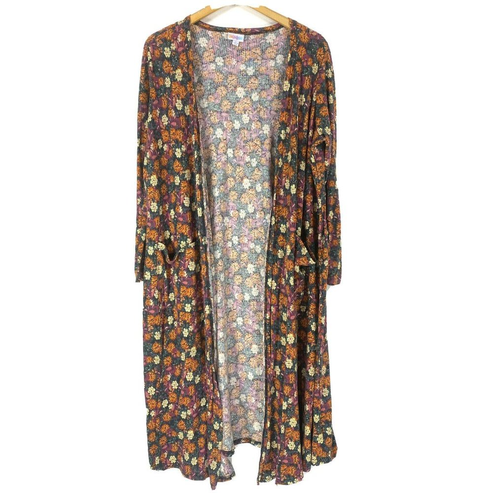 Lularoe L Large Sweater Sarah Duster Open Front Cardigan Floral Gray Fall Orange